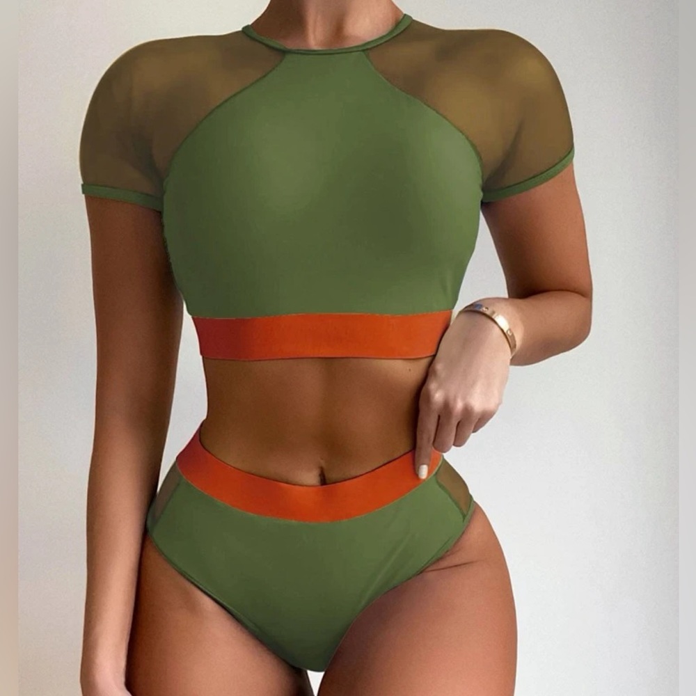 Colorblock Top & High Waisted 2 pcs Bikini